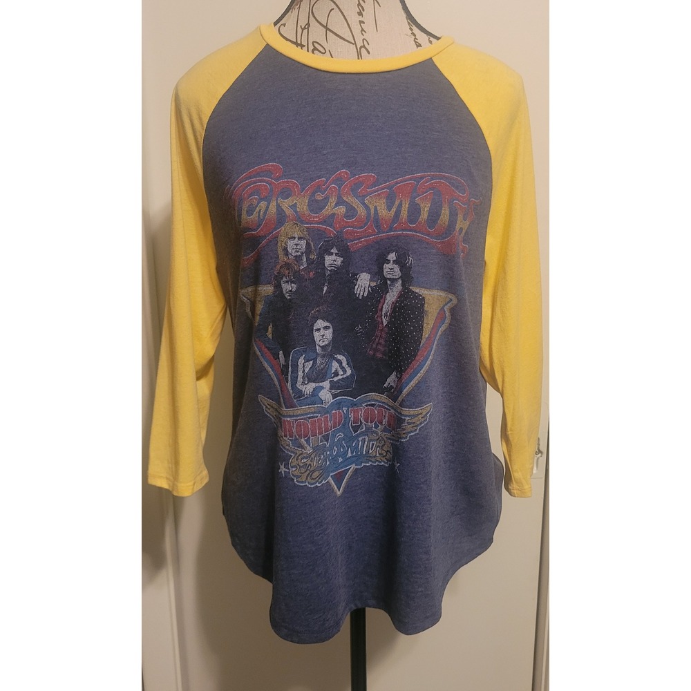 The Vinyl Icons Aerosmith World Tour 84-85 Raglan Baseball Tee Blue Yellow Large